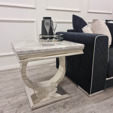 Arriana Luxury Lamp Table with Round Marble or Glass Top and Polished Stainless Steel Base - UK Luxury Furniture